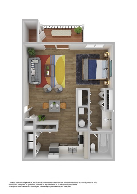 A floor plan of a small apartment with a bedroom, living room, and kitchen.