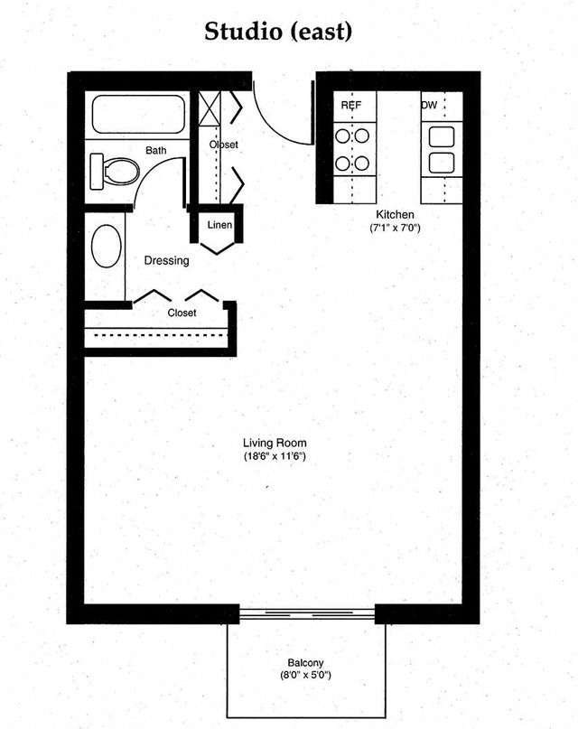 the floor plan for a studio unit with a loft