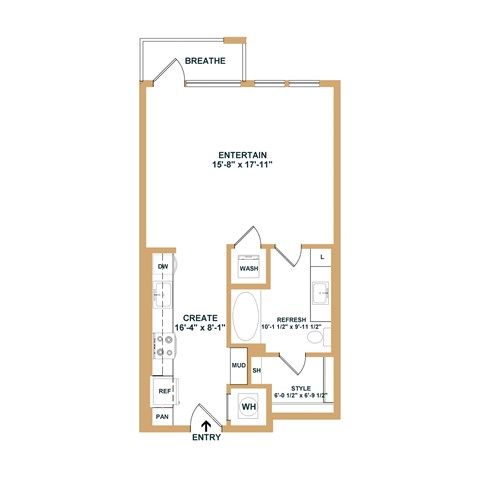 A floor plan of a house with rooms labeled as DW, WASH, REFRESH, STYLE, and WH.