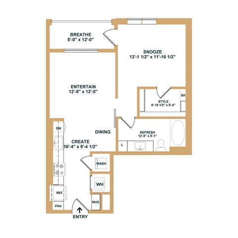 A floor plan of a house with labeled rooms such as BREATHE, SNOOZE, ENTERTAIN, DINING, REFRESH, WASH, WHO, MUD, and REF.