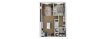 A top-down view of a small apartment with a kitchen, living room, and bedroom.