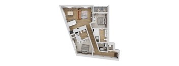 A 3D floor plan of a house with a kitchen, living room, and bedrooms.