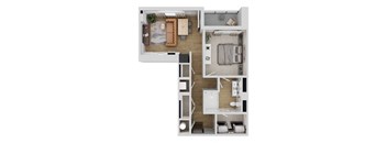 A floor plan of a small apartment with two bedrooms, a living room, a kitchen, and a bathroom.
