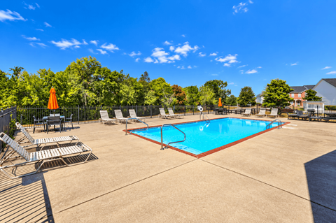A swimming pool surrounded by lounge chairs and trees.