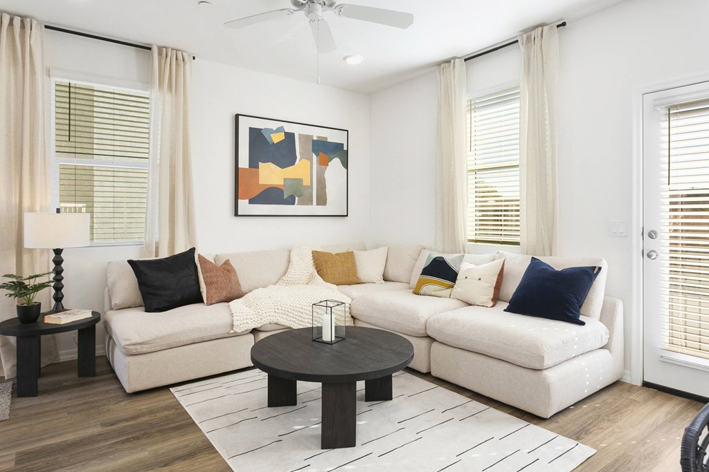 a living room with a couch and a coffee table