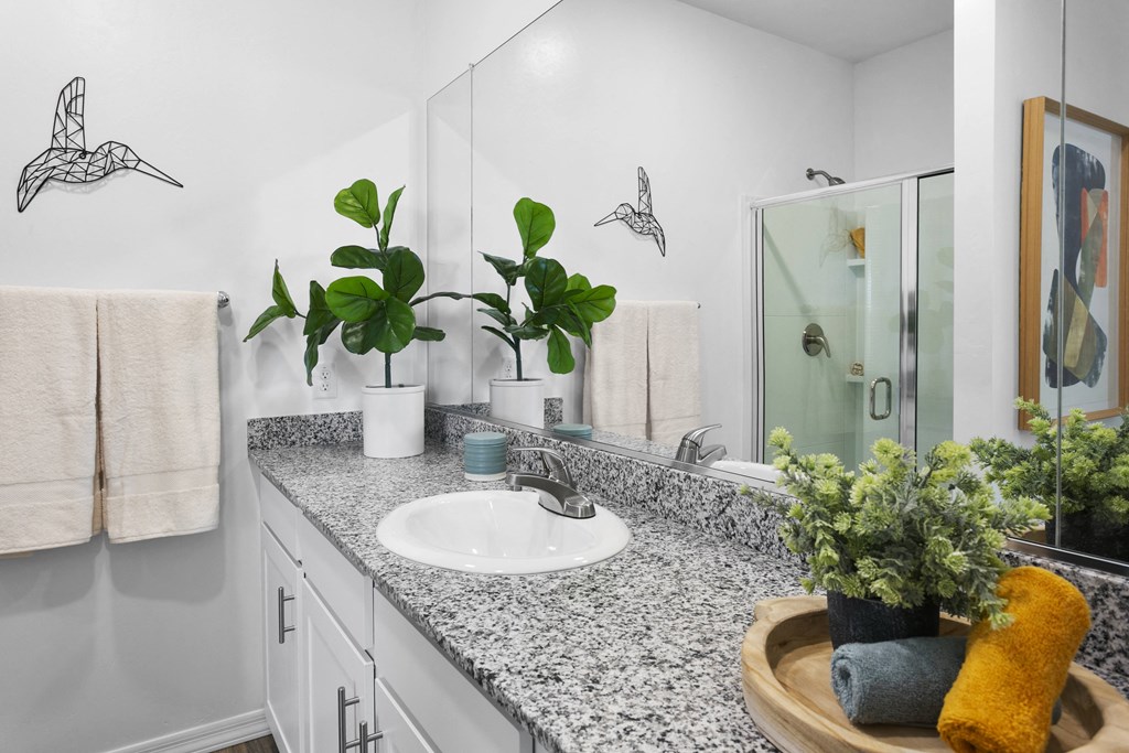 a bathroom with a granite counter top and a sink