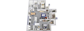 a spacious two bedroom apartment with two bathrooms and a living room with a kitchen and dining area