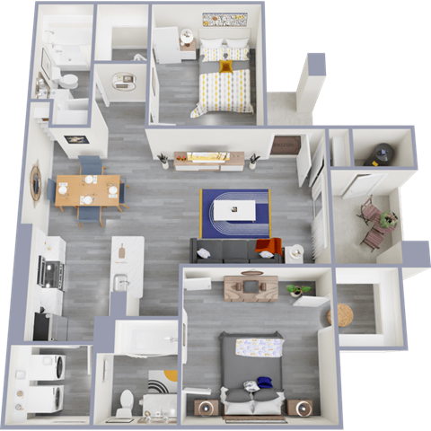 a spacious two bedroom apartment with two bathrooms and a living room with a kitchen and dining area