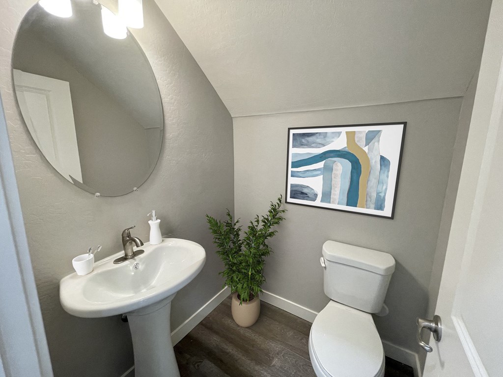 a bathroom with a sink toilet and a mirror