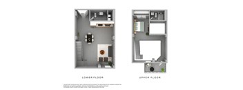 a stylized rendering of a floor plan with upper and lower floors