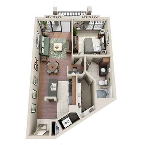a 3d drawing of a 1 bedroom floor plan