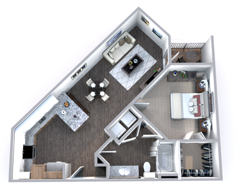 this is a 3d floor plan of a 823 square foot 1 bedroom apartment at the