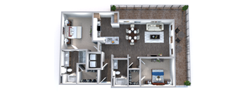 a floor plan of a two bedroom apartment with brown siding and a balcony