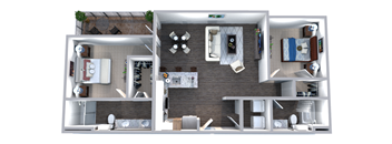 a floor plan of a one bedroom apartment with two bathrooms and a living room with a fireplace