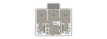 A floor plan of a house with three bathrooms and two bedrooms.