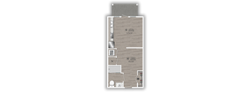 A floor plan of a room with a kitchen area, a living room, and a bathroom.