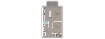 A floor plan of a house with a kitchen, living room, and bathroom.
