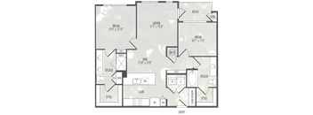 A floor plan of a kitchen with a dining area and a bedroom.