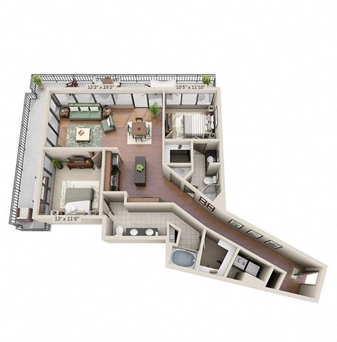 a 3d floor plan of a house with a bedroom and a living room