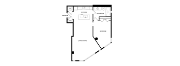A floor plan of an apartment with a living/dining area, kitchen, bathroom, and bedroom.