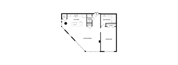 A floor plan of a small apartment with a living room, kitchen, bathroom, and bedroom.