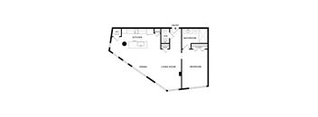 A floor plan of a home with a kitchen, living room, dining room, bedroom, bathroom and closet.