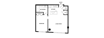A floor plan of a small apartment with a living room, bedroom, bathroom, and kitchen.