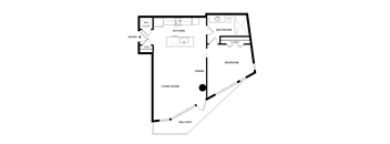 A floor plan of a house with a living room, dining room, kitchen, bathroom, bedroom, and balcony.