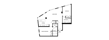 A floor plan of a house with a living room, kitchen, master bedroom and two other bedrooms.