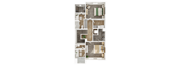 A detailed 3D floor plan of a residential apartment layout.