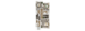 A top-down view of a house layout with a kitchen, living room, and bedrooms.