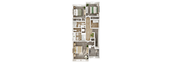 A top-down view of a small apartment layout with a kitchen, living room, and bedrooms.