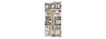 A floor plan of a house with a kitchen, living room, and bathrooms.
