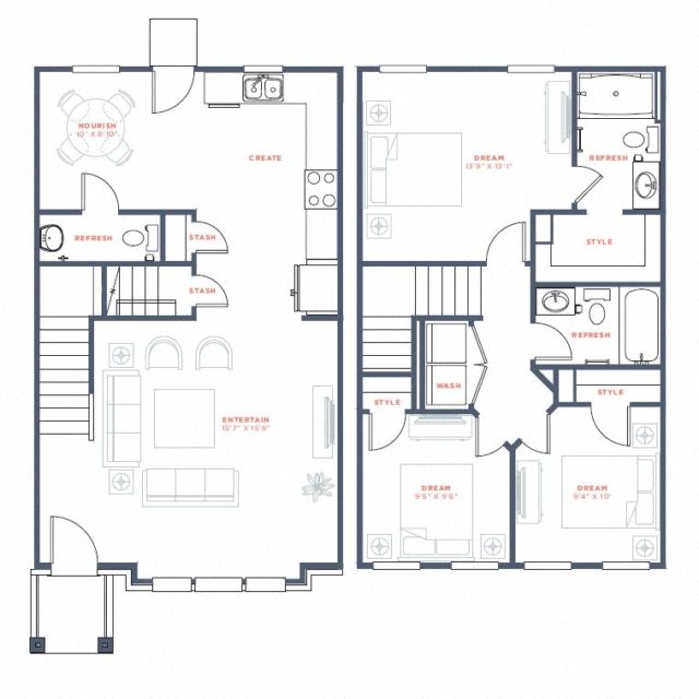 A floor plan of a house with labeled rooms such as "DREAM" and "REFRESH".