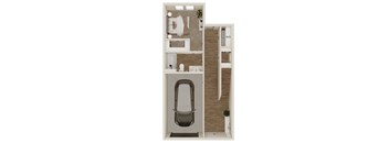 A top down view of a small apartment with a kitchen, living room, and bathroom.