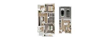 A floor plan of a house with a garage and a car.