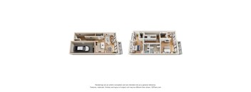 A floor plan of a two-bedroom apartment with a kitchen and living room.