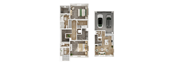 A floor plan of a house with a living room, kitchen, and two bedrooms.