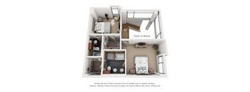 a stylized floor plan with an open to bedroom