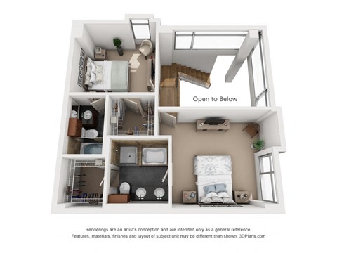 a stylized floor plan with an open to bedroom
