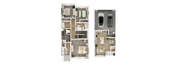 A floor plan of a two-bedroom apartment with a garage for two cars.
