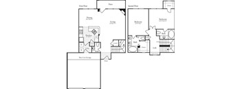 A black and white floor plan of a two-story house with a garage.