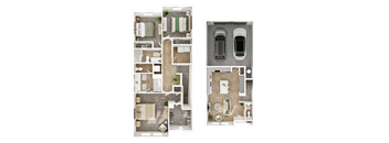 Two floor plans of a house with a car parked in the garage.