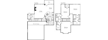 A floor plan of a two-story house with a garage.
