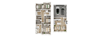 A floor plan of a house with a garage and a car.