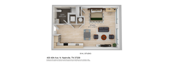 a stylized floor plan of a studio apartment