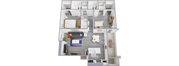 A top-down view of a modern apartment layout with a living room, kitchen, and bedrooms.