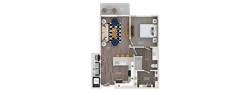 A floor plan of a house with a living room, dining room, kitchen, and bathroom.