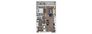 A floor plan of a balcony apartment with a living room, kitchen, bathroom, and bedroom.