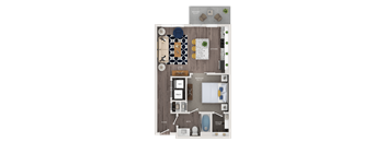 A floor plan of a small apartment with a kitchen, living room, and bathroom.